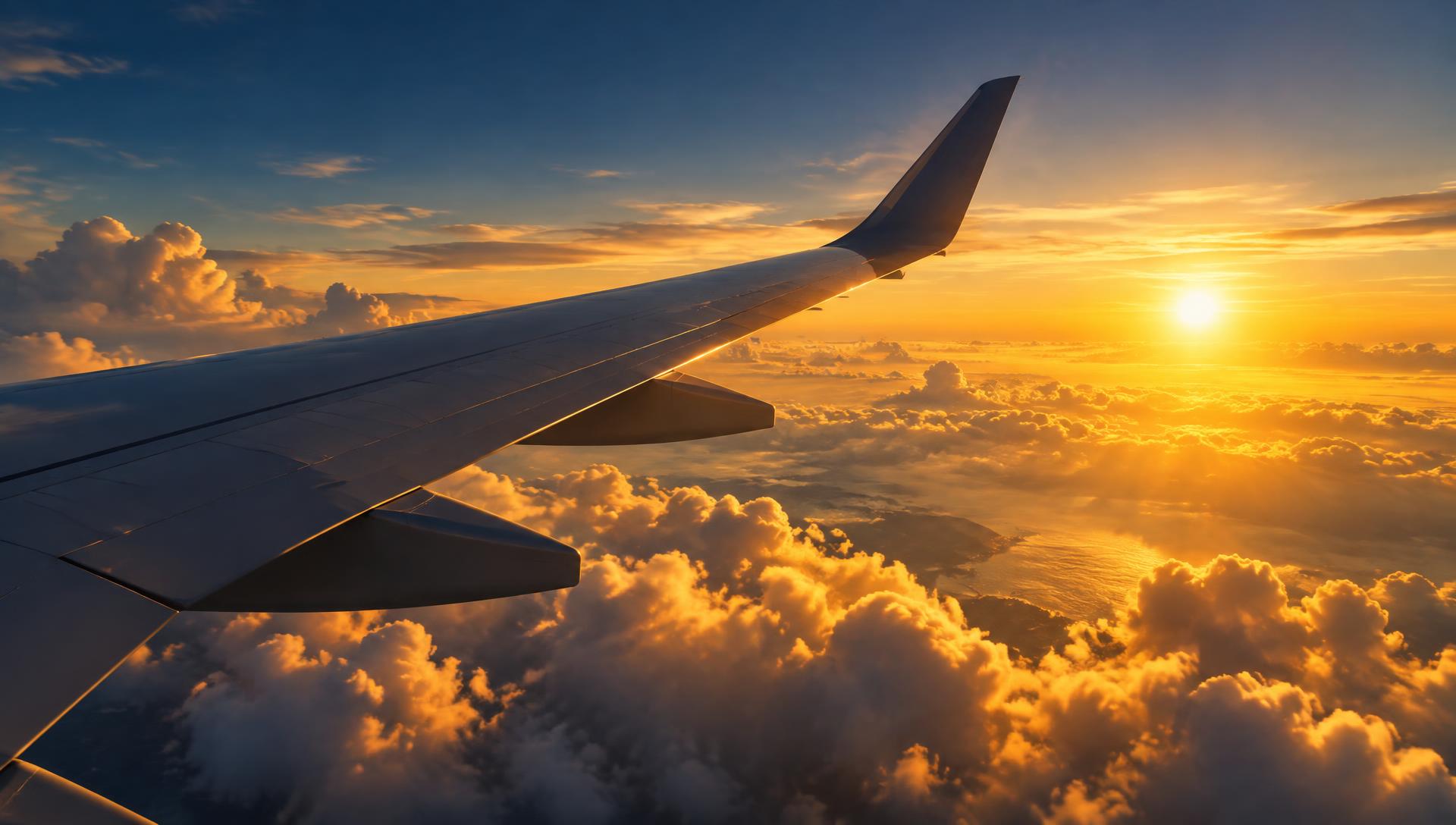 Aircraft wing above golden sunset clouds on an international flight